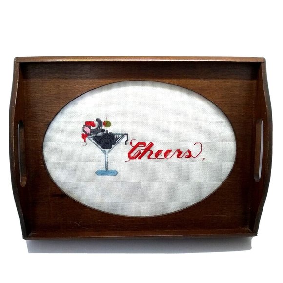 Vtg. Sudberry Christmas holiday Mouse Martini Glass  Cheers glassed in wood tray - Picture 1 of 13